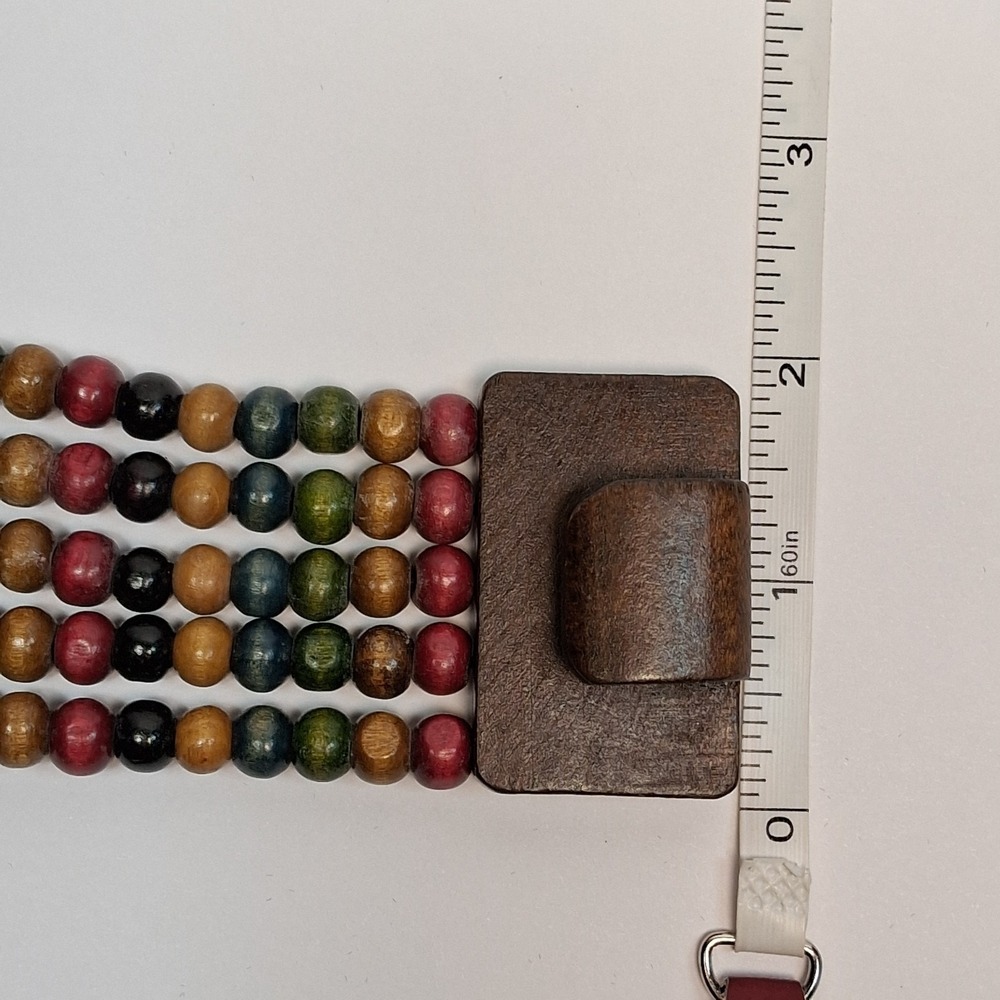 Multi-Color Wood Bead Boho Cuff Bracelet with Carved Wood Buckle Clasp 7.5+" - Picture 6 of 9